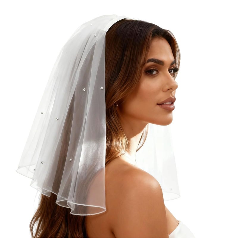 Nanchor Bridal Wedding Veil Short Communion Veils for Bachelorette Party with Rhinestone Comb Tulle 38cm/15â€White â€¦ - Image 2